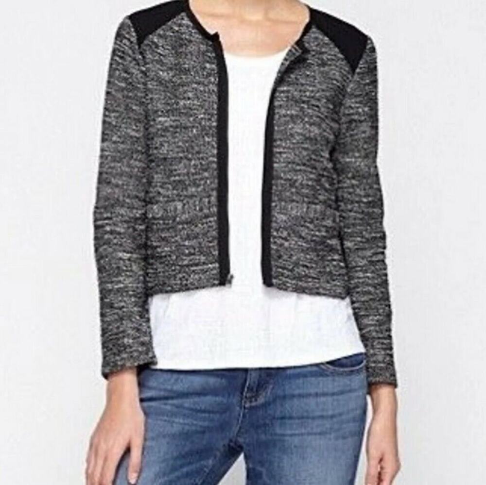 Eileen Fisher Tweed Knit Zip Front Blazer Jacket Black & White Size Small